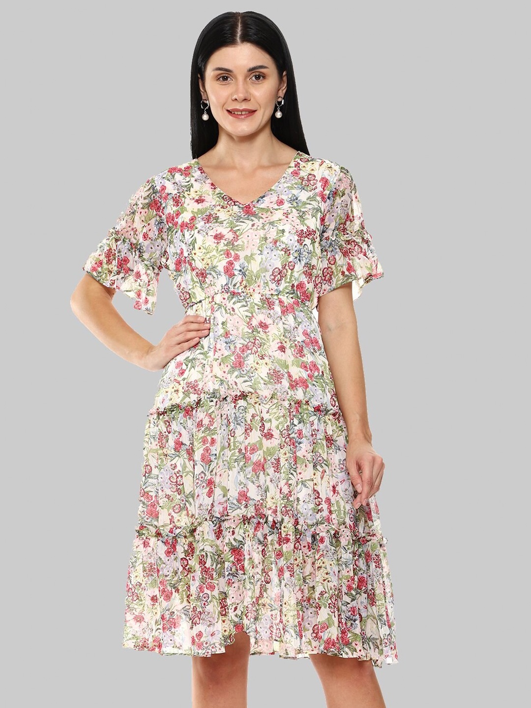 

Tulip Eden Floral Printed Flared Sleeve Fit & Flare Dress, White