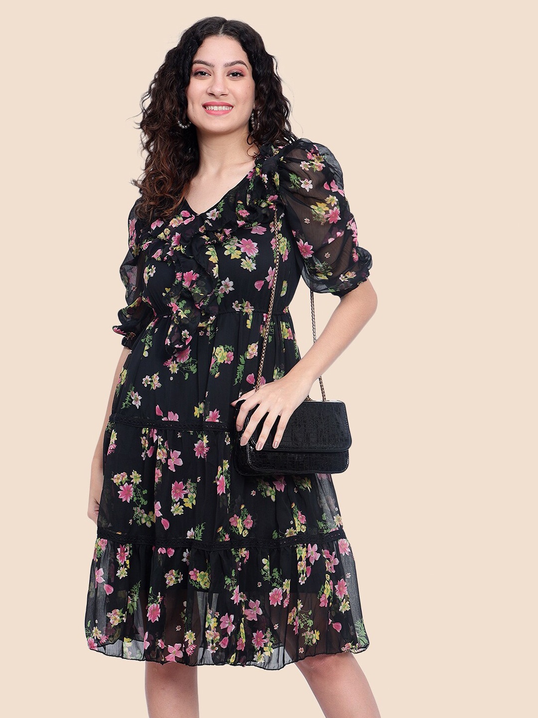 

Tulip Eden Floral Printed Puff Sleeves Ruffled Chiffon Fit & Flare Dress, Black