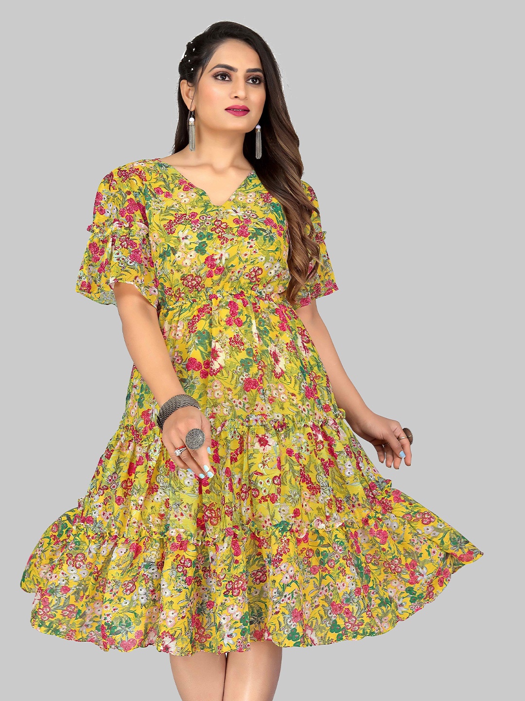 

Tulip Eden Floral Printed Flared Sleeve Fit & Flare Dress, Yellow