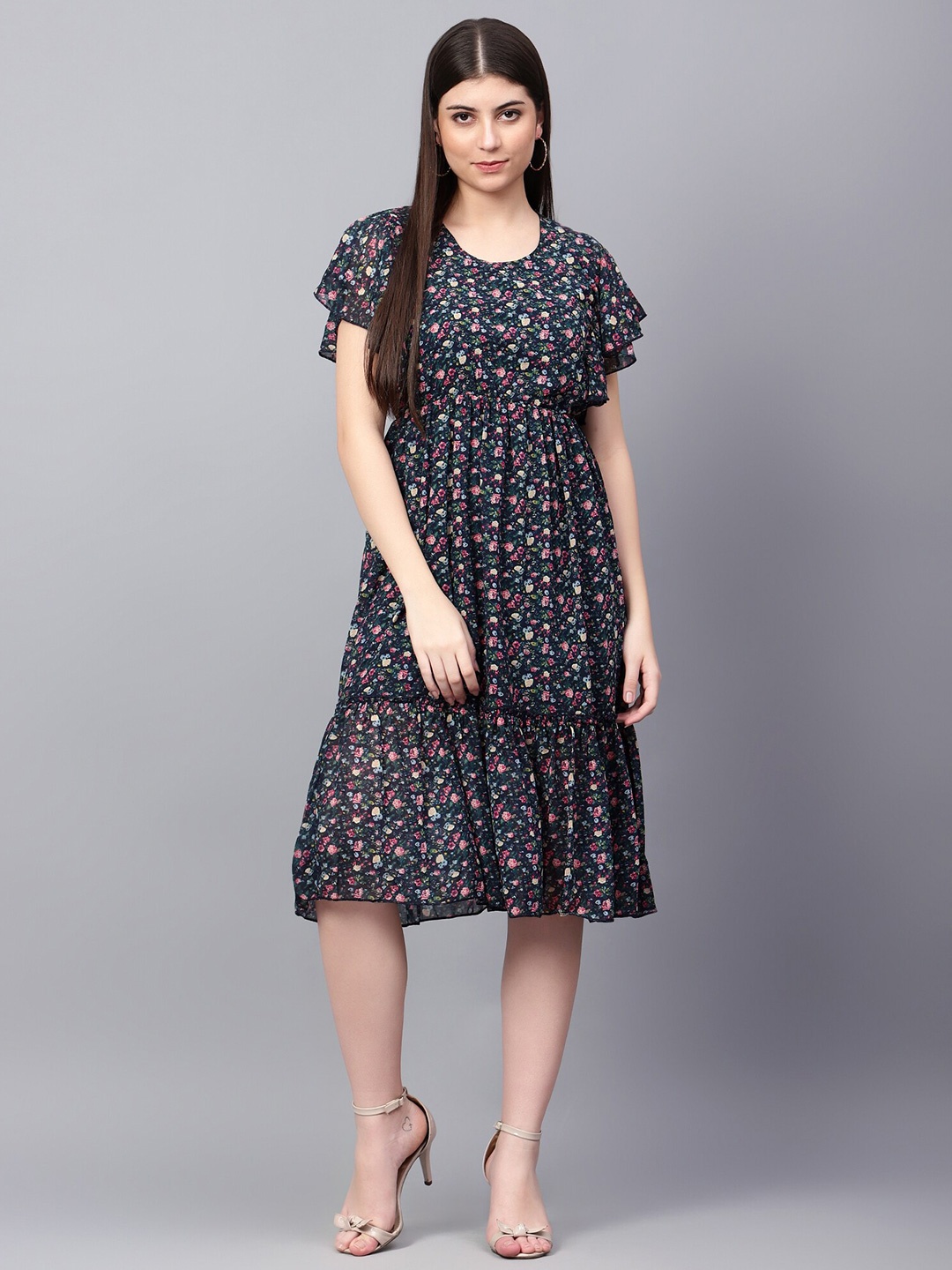 

Tulip Eden Floral Printed Flutter Sleeves Georgette Empire Dress, Navy blue