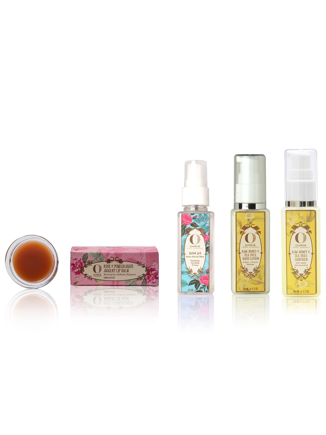 

OHRIA AYURVEDA Set of 4 Rose Facial Mist-Hand Lotion-Hand Sanitizer & Jaggery Lip Balm, Multi