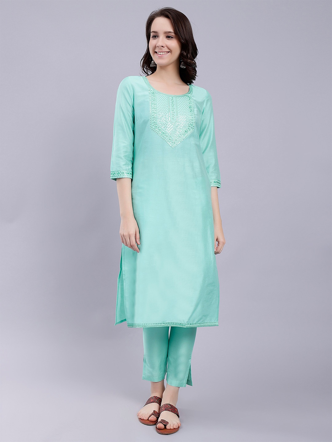 

soan Floral Yoke Design Sequinned Straight Kurta, Blue
