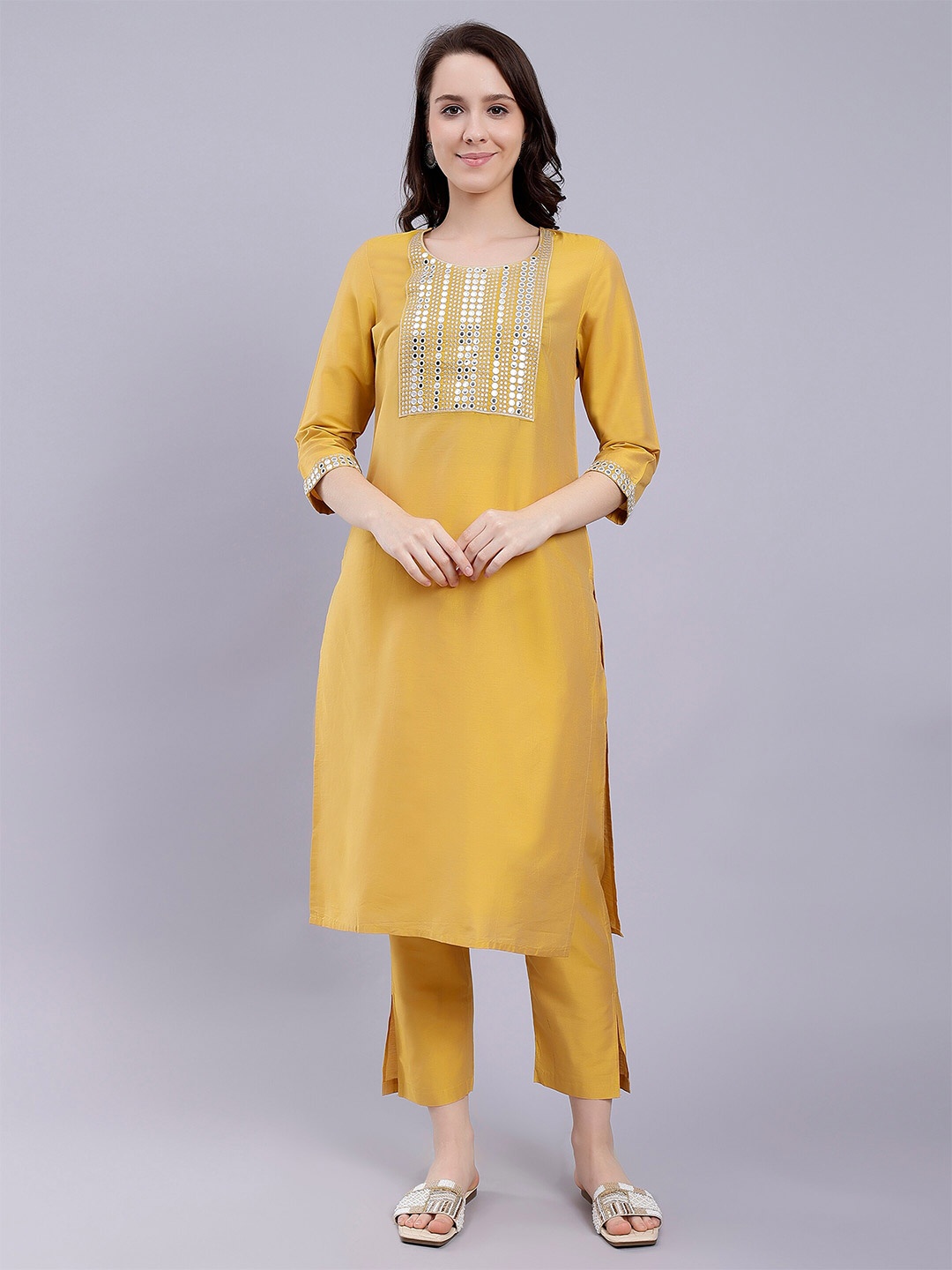 

soan Geometric Yoke Design Mirror Work Straight Kurta, Yellow