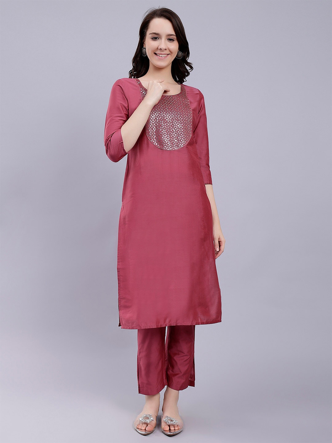 

soan Geometric Yoke Design Sequinned Straight Kurta, Pink