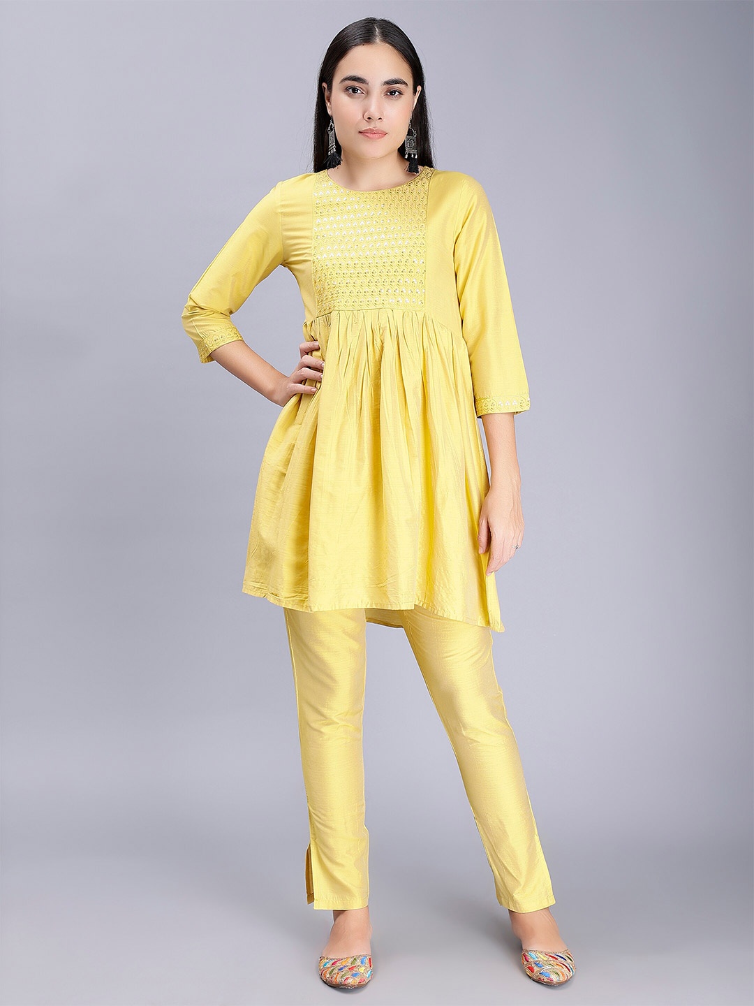 

soan Floral Embroidered Sequinned Detailed A-Line Kurti, Yellow