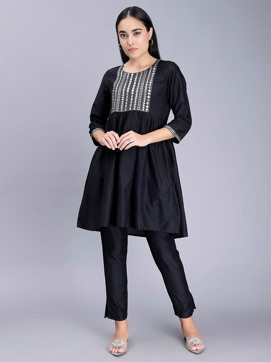 

soan Ethnic Motifs Embroidered Sequinned Detailed A-Line Kurti, Black