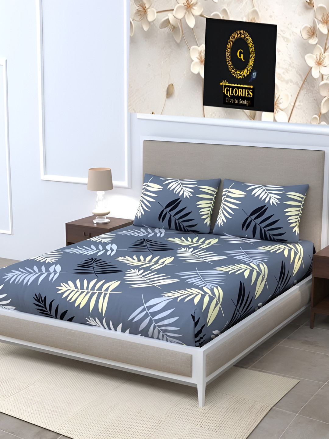 

GLORIES Grey Black Floral Fitted 210 TC King Bedsheet with 2 Pillow Covers