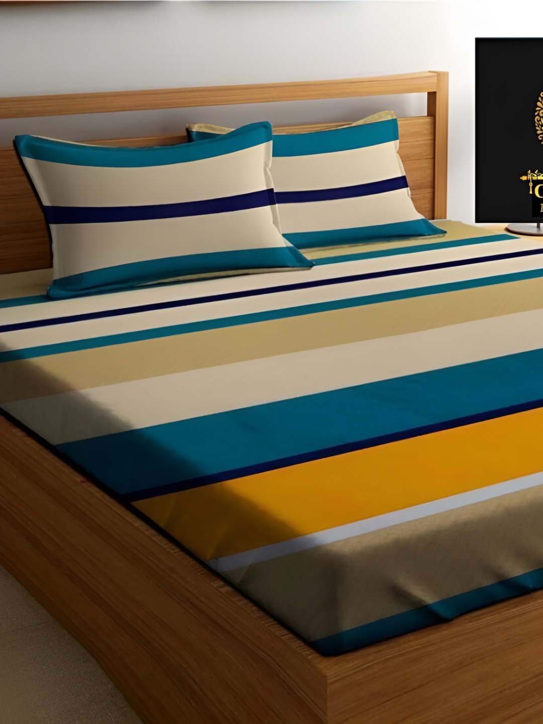 

GLORIES Beige Blue Fitted Striped 210 TC King Bedsheet with 2 Pillow Covers