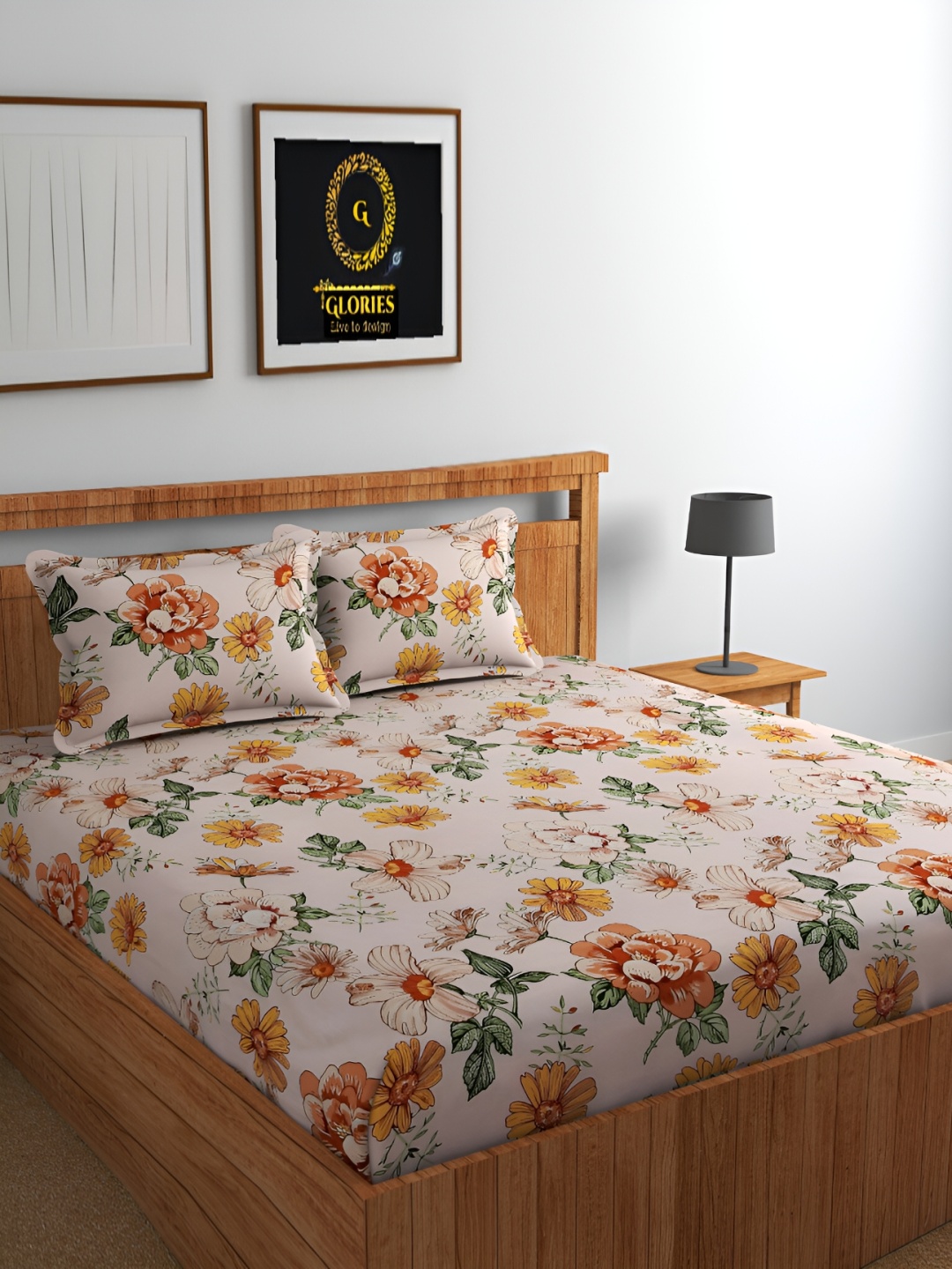 

GLORIES Pink Green Fitted Floral 210 TC King Bedsheet with 2 Pillow Covers