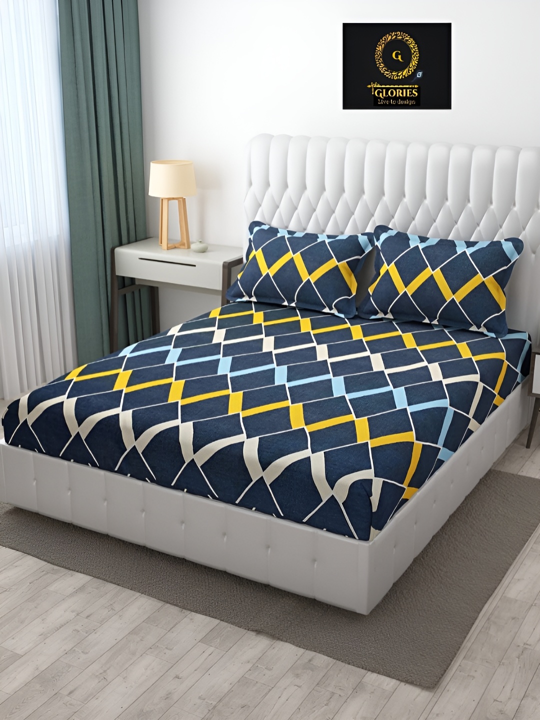 

GLORIES Blue White Geometric 210 TC King Bedsheet with 2 Pillow Covers