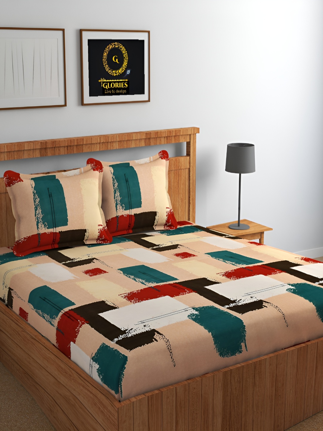 

GLORIES Peach Red Abstract Fitted 210 TC King Bedsheet with 2 Pillow Covers