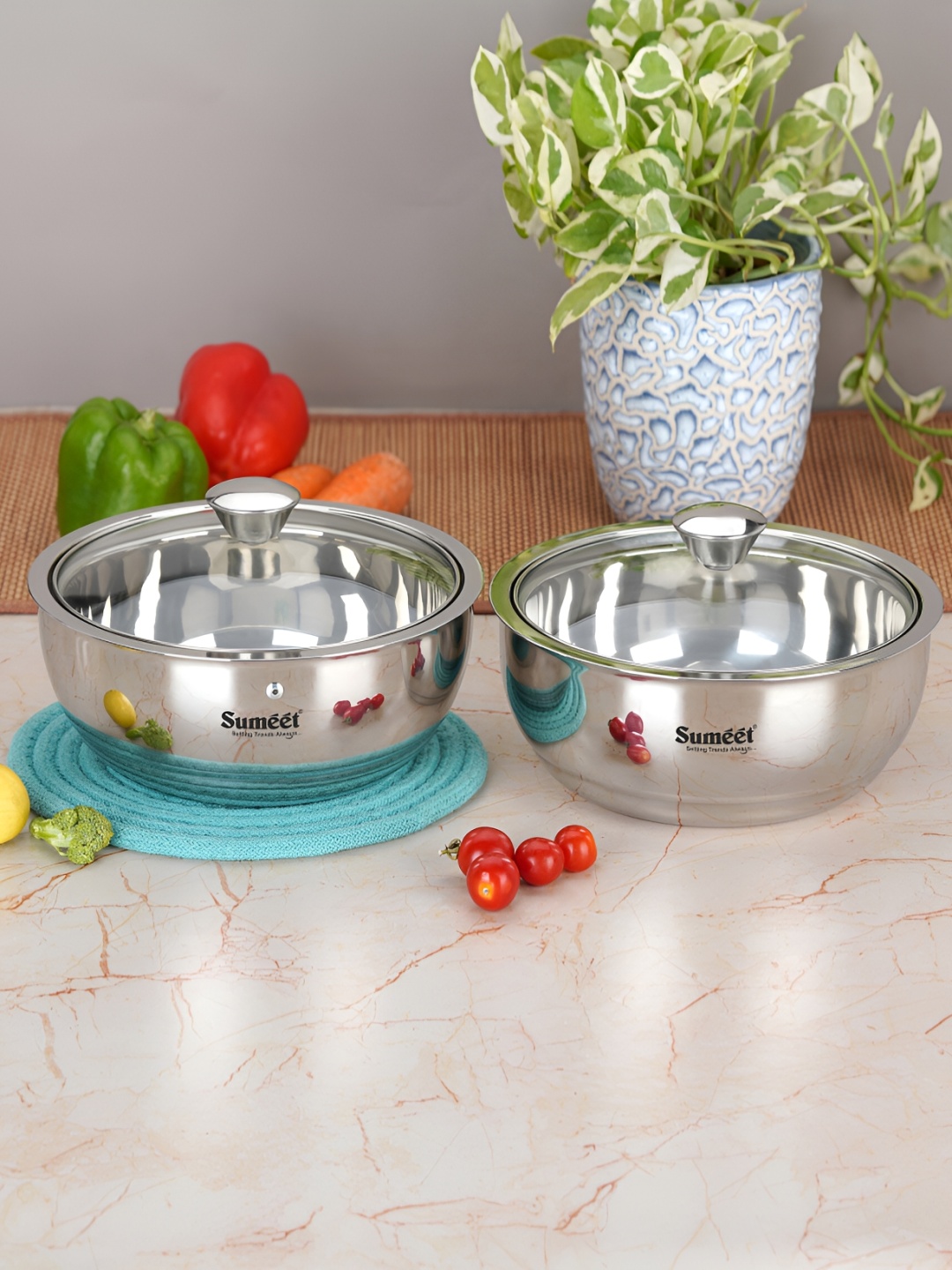 

Sumeet 2Pc Stainless Steel Double Wall Insulated Serving Casserole with Glass Lid - 1 L, Silver