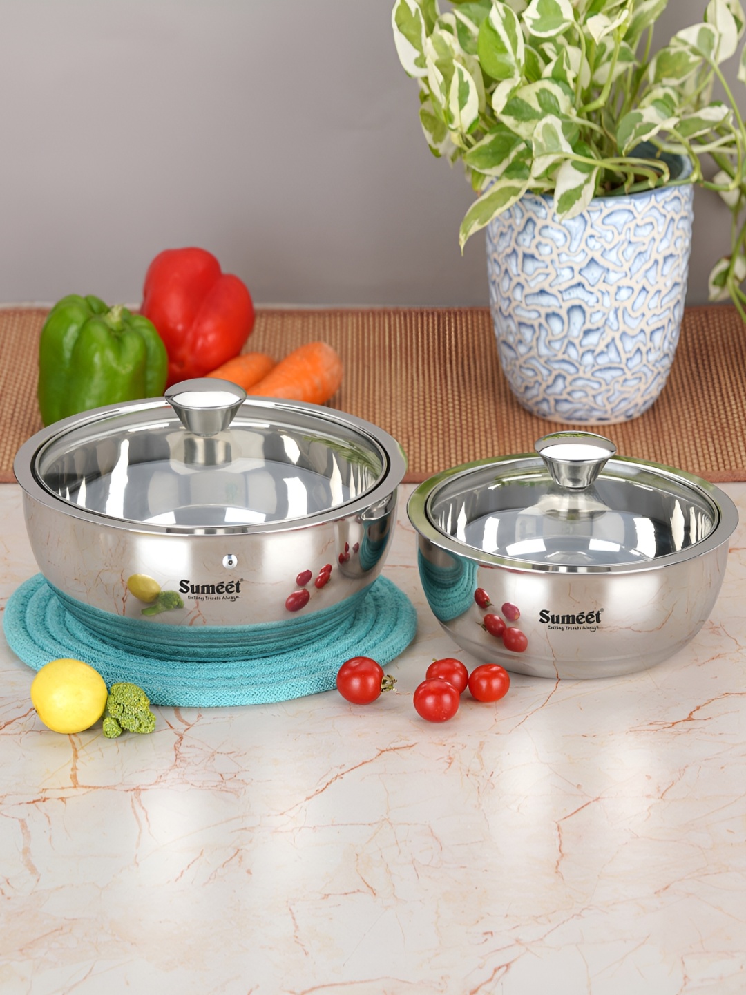 

Sumeet 2 Pieces Stainless Steel Double Wall Insulated Serving Casseroles With Glass Lid, Silver