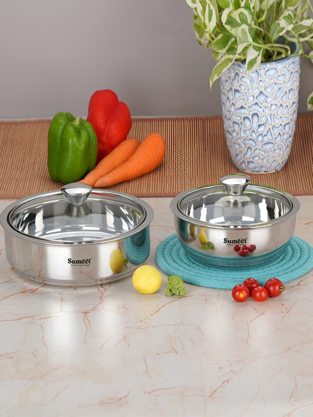 

Sumeet 2Pcs Stainless Steel Double Wall Insulated Serving Casserole with Glass Lid 1 L, Silver