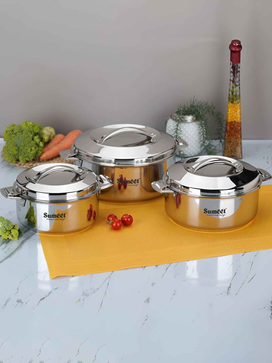 

Sumeet Pack of 3 Stainless Steel Double Wall Insulated Serving Casserole, Silver