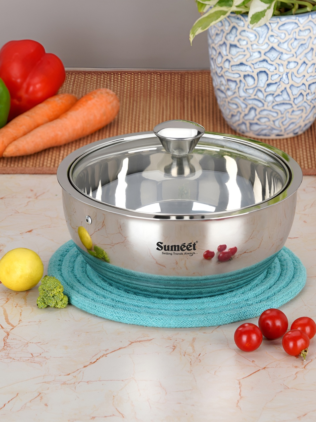 

Sumeet Stainless Steel Double Wall Insulated Serving Casserole with Glass Lid - 1.750 L, Silver