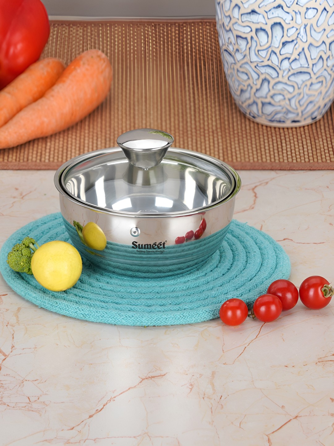 

Sumeet Stainless Steel Double Wall Insulated Serving Casserole With Glass Lid 550ml, Silver