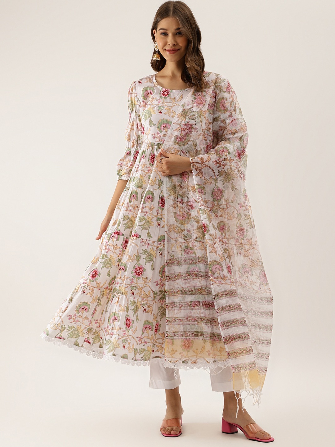 

KALINI Floral Printed Puffed Sleeves Pure Cotton Anarkali Kurta & Trousers With Dupatta, White