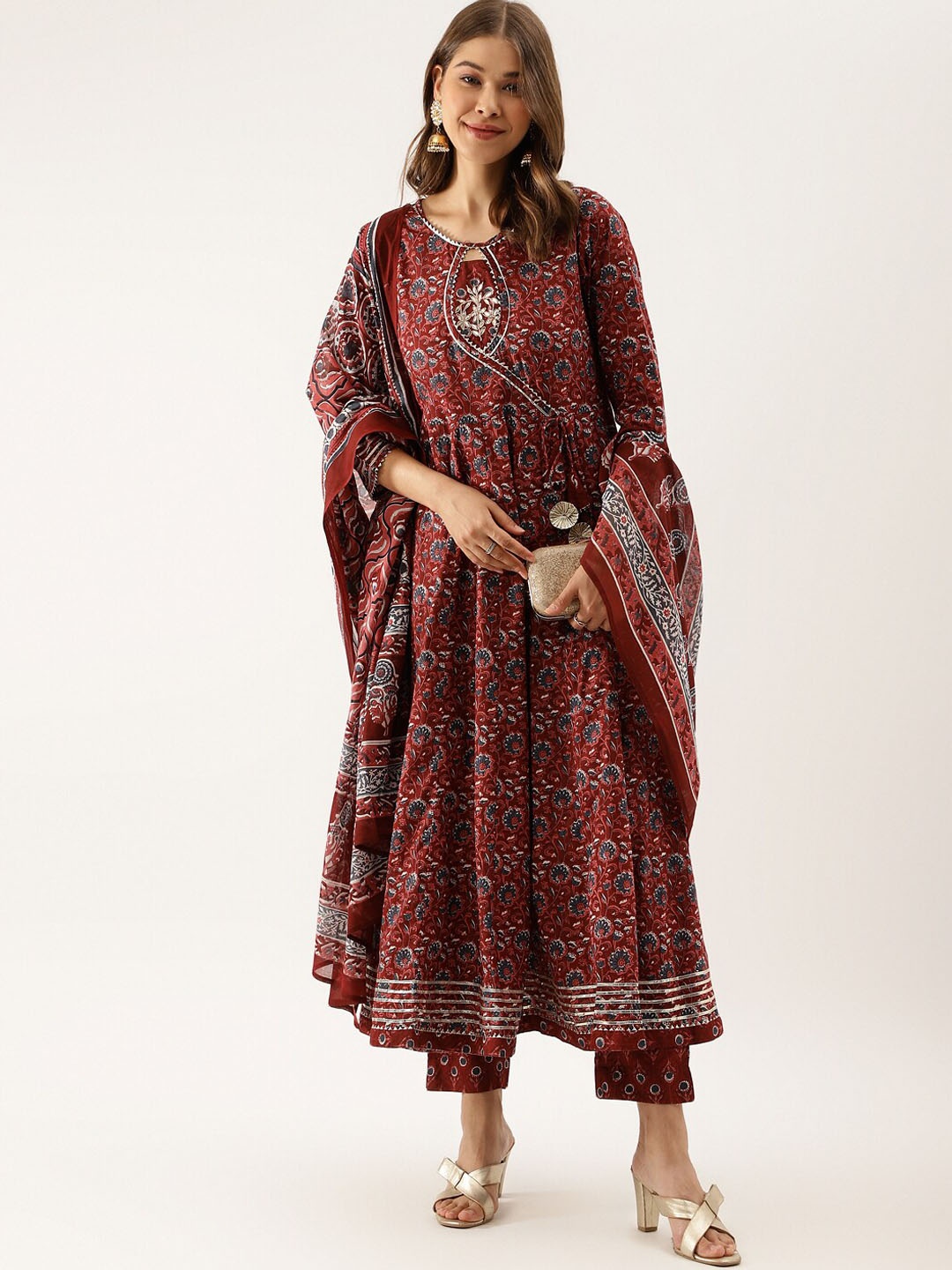 

KALINI Floral Printed Gotta Patti Pure Cotton Anarkali Kurta & Trousers With Dupatta, Maroon