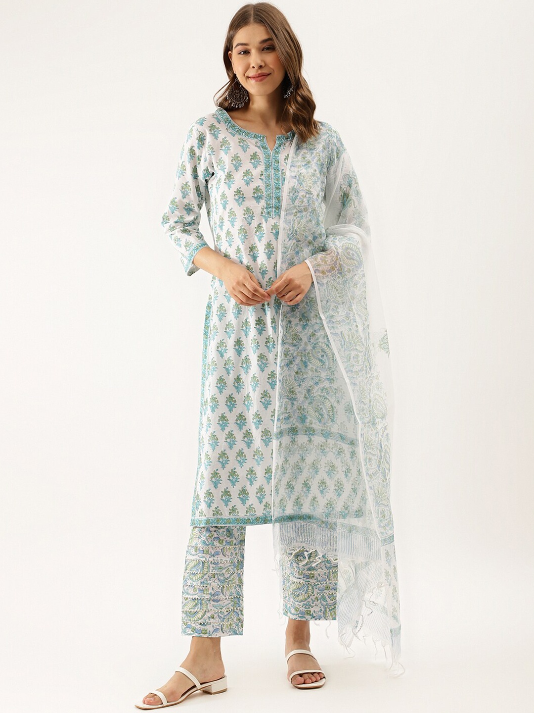 

KALINI Ethnic Motifs Printed Pure Cotton Straight Kurta & Trousers With Dupatta, White