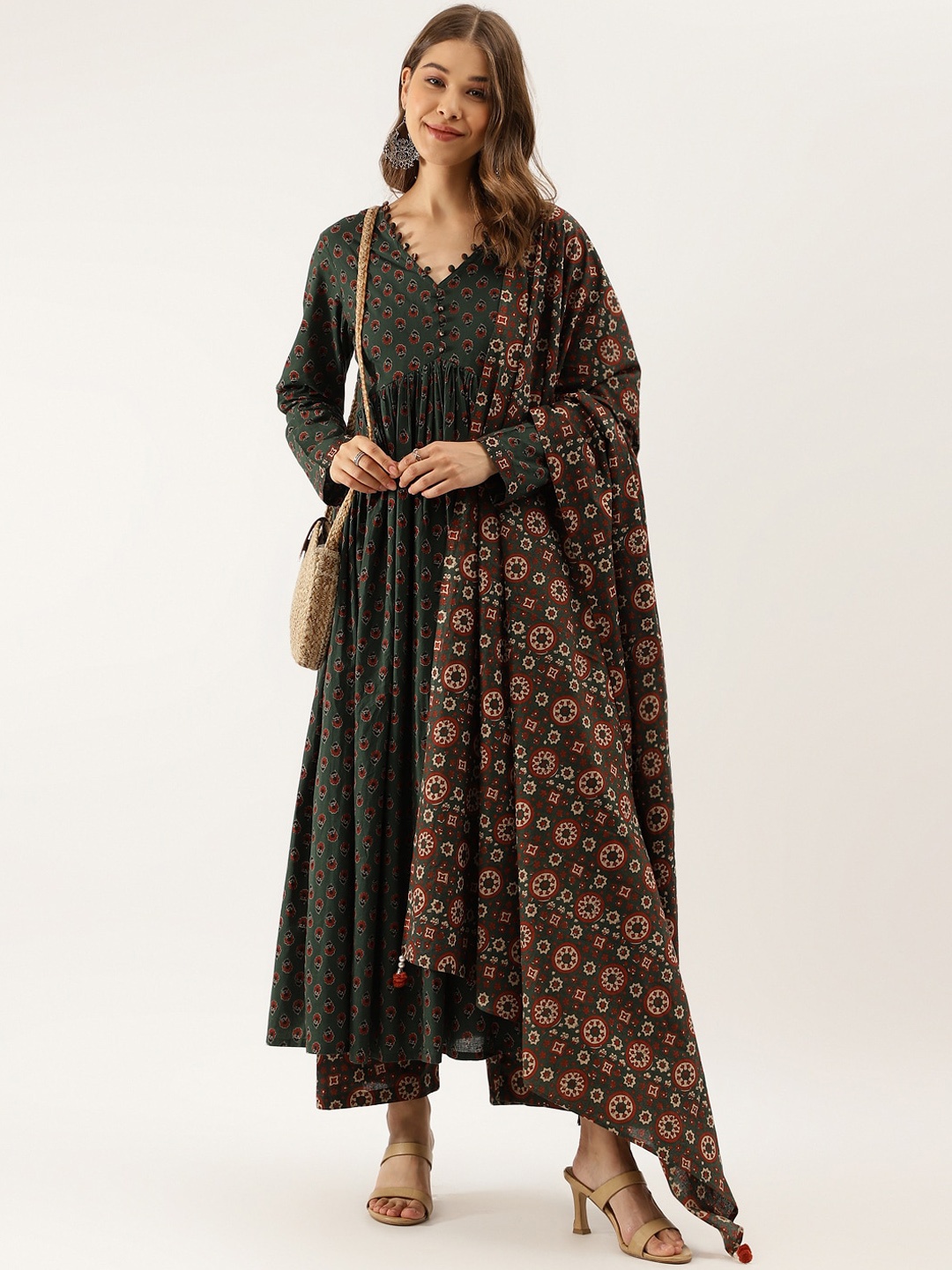 

KALINI Floral Printed V-Neck Pure Cotton Empire Anarkali Kurta With Trousers & Dupatta, Green