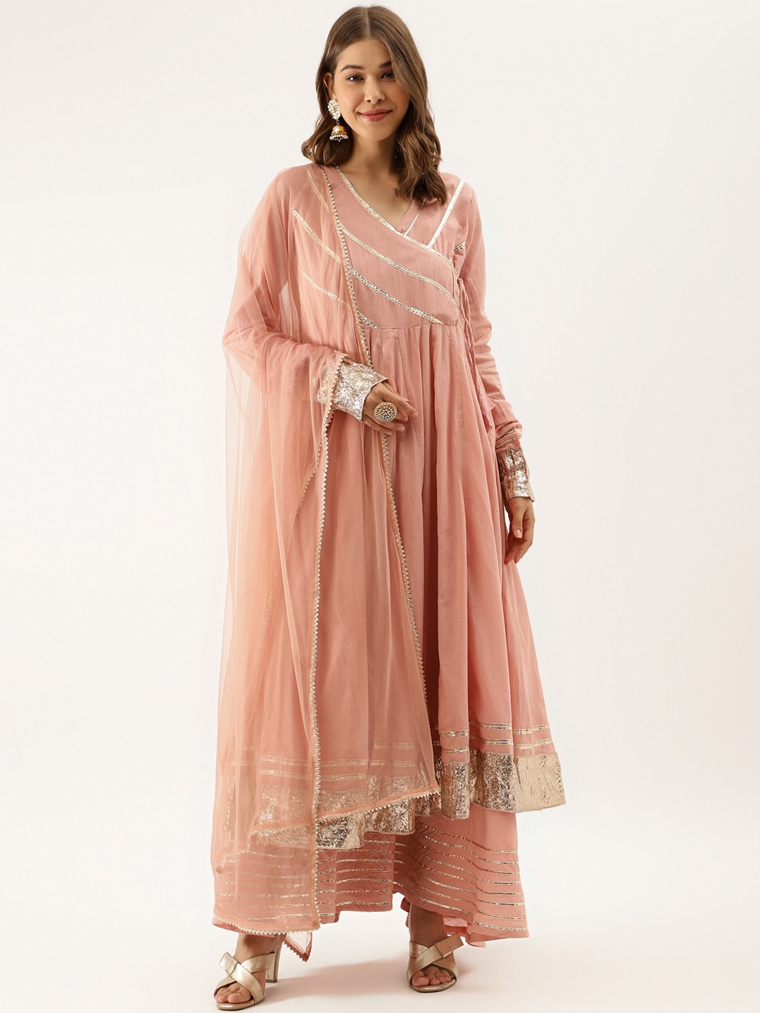 

KALINI Gotta Patti V-Neck Pure Cotton Anarkali Kurta With Palazzos & Dupatta, Peach