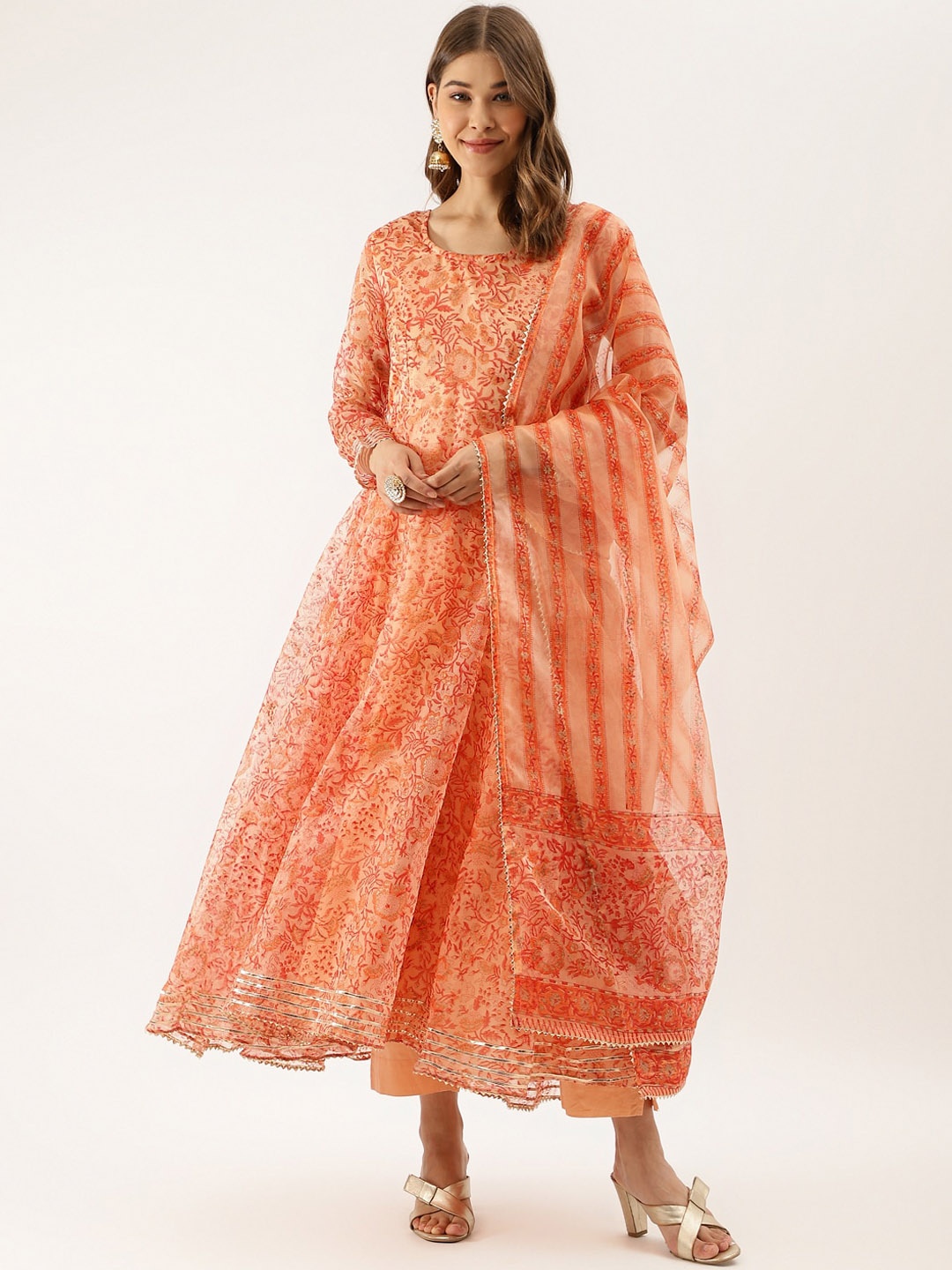 

KALINI Floral Printed Gotta Patti Detail Anarkali Kurta & Trousers With Dupatta, Orange