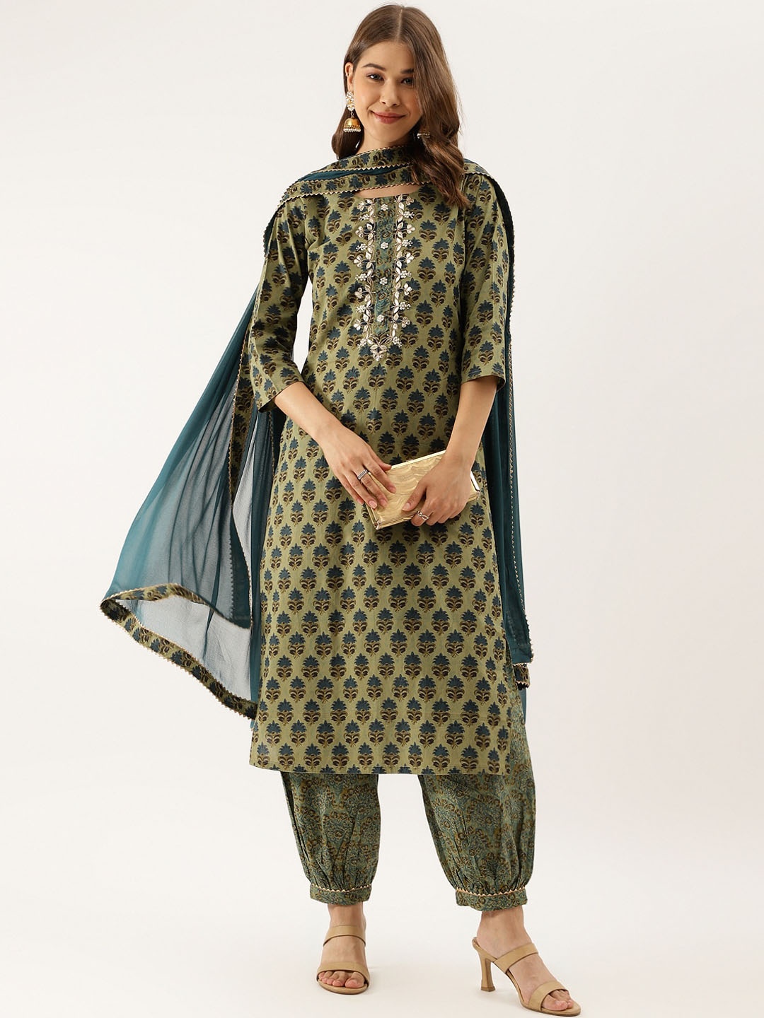 

KALINI Floral Printed Regular Gotta Patti Pure Cotton Kurta With Salwar & Dupatta, Green