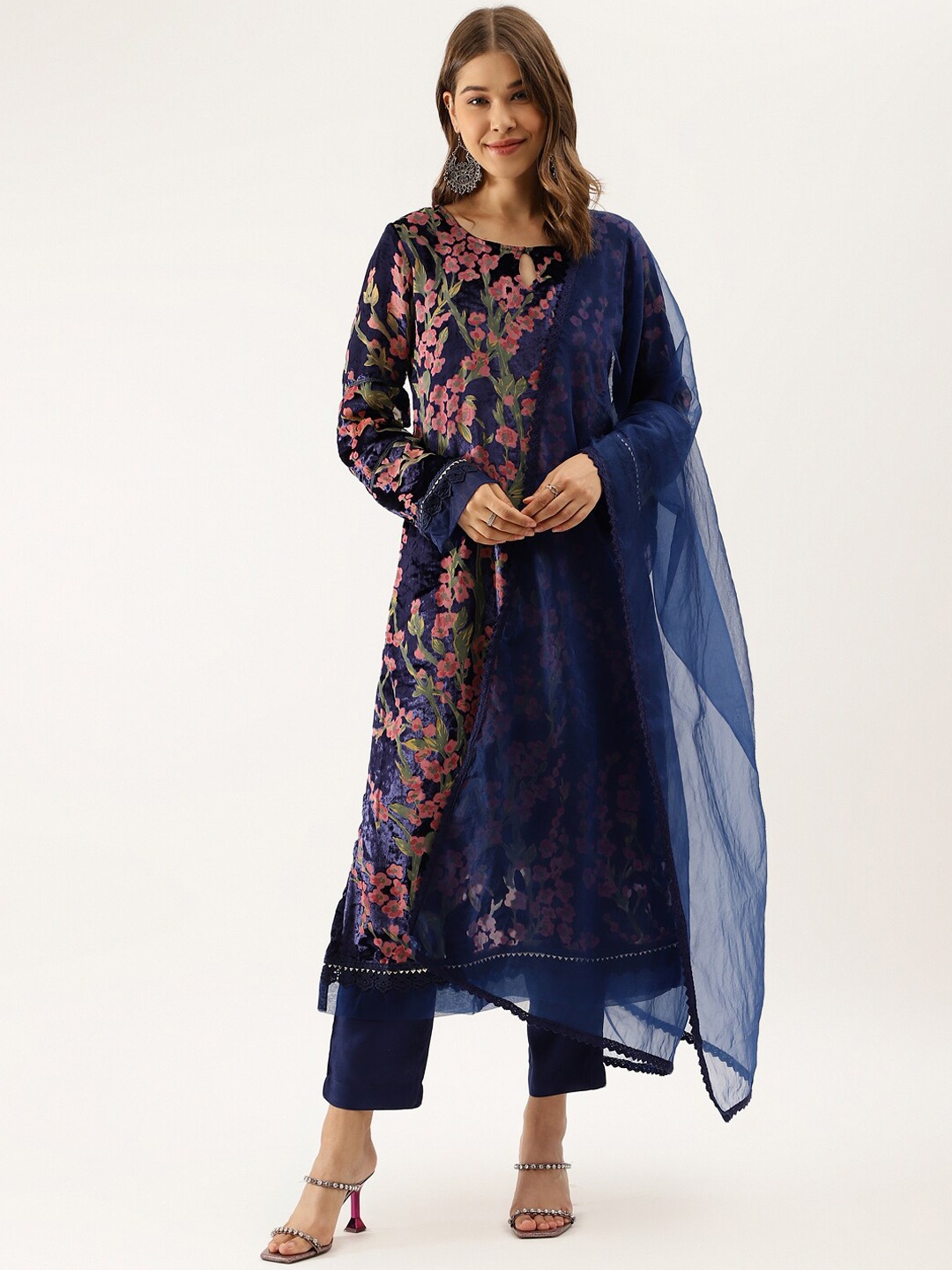 

KALINI Floral Printed Keyhole Neck Velvet Straight Kurta & Trousers With Dupatta, Blue