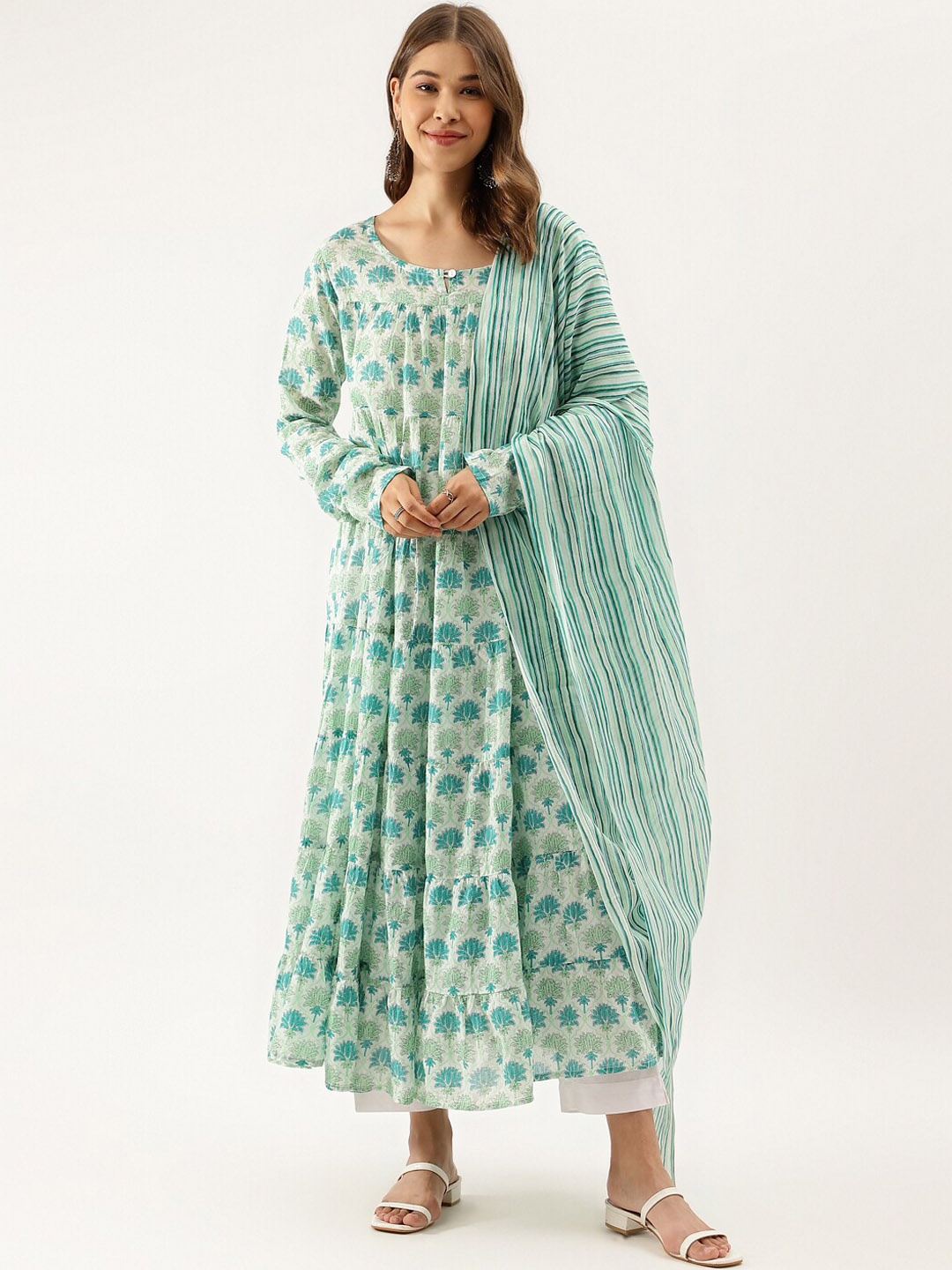 

KALINI Floral Printed Pure Cotton Anarkali Kurta With Trousers & Dupatta, Green