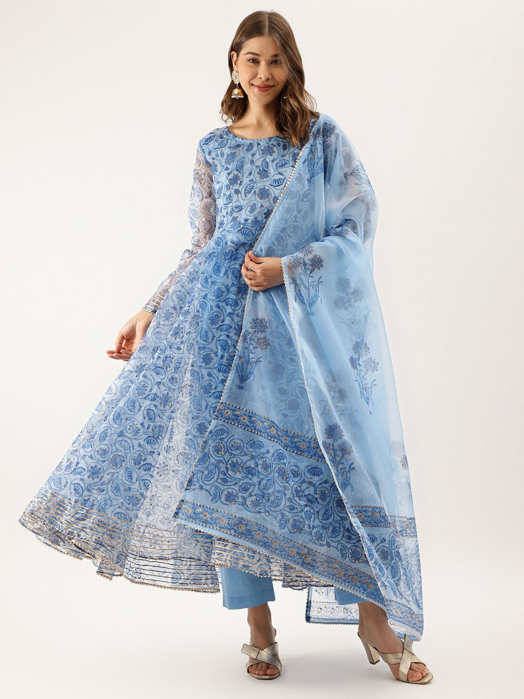 

KALINI Floral Printed Gotta Patti Detail Anarkali Kurta & Trousers With Dupatta, Blue