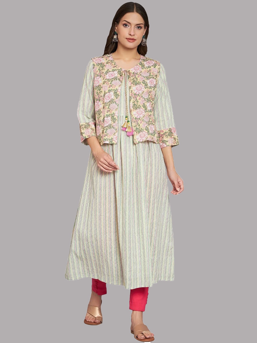 

RANGMAYEE Striped Anarkali Kurta With Jacket, Green