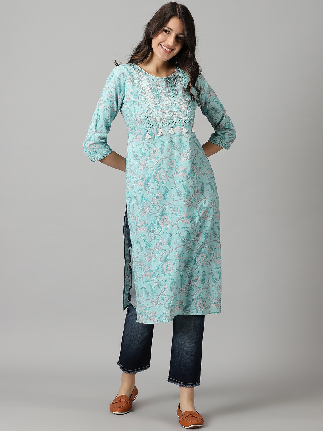 

RANGMAYEE Floral Yoke Design Mirror Work Pure Cotton Straight Kurta, Blue