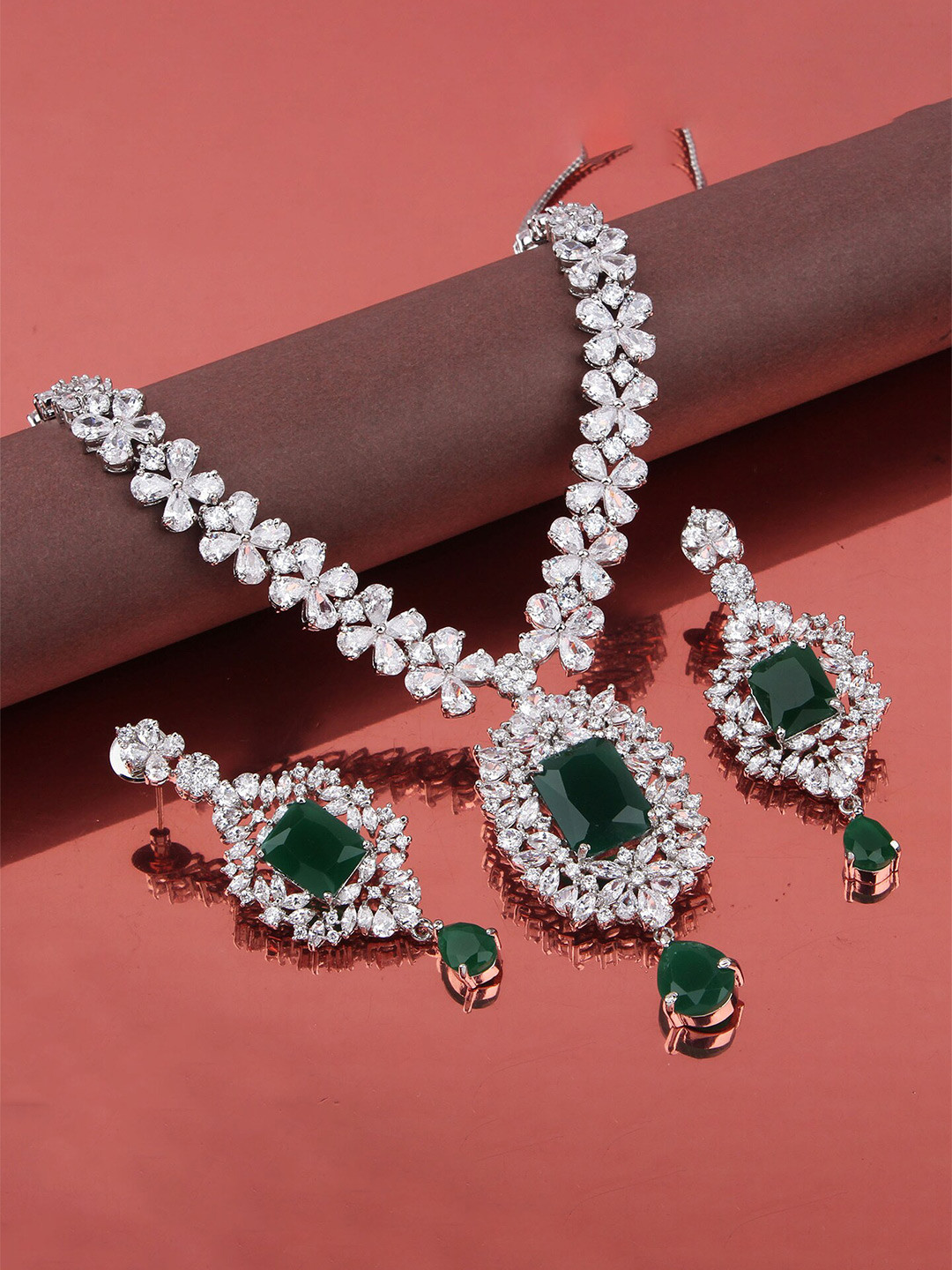 

Mirana Rhodium-Plated American Diamond Studded Jewellery Set, Silver