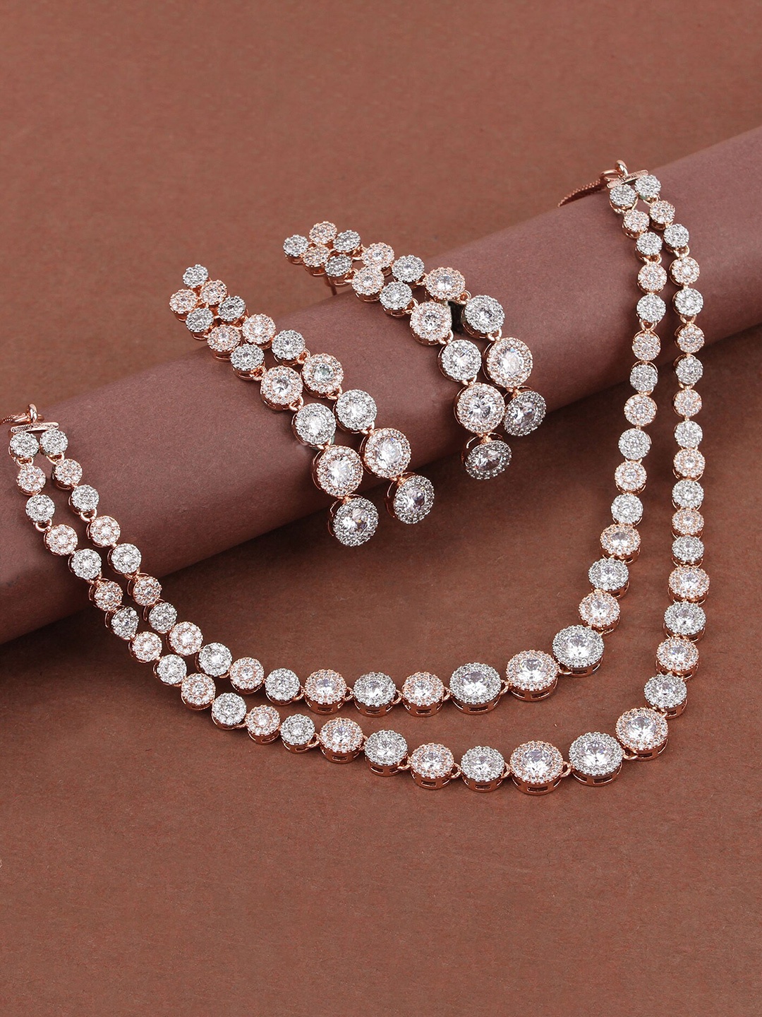 

Mirana Anjea Rose-Gold Plated American Diamond-Studded Layerd Necklace And Earrings