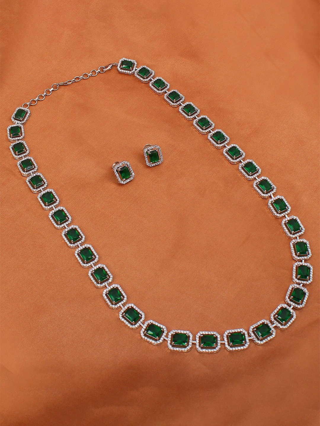 

Mirana Octo Emerald Rhodium-Plated Artificial Stones-Studded Necklace And Earrings, Silver
