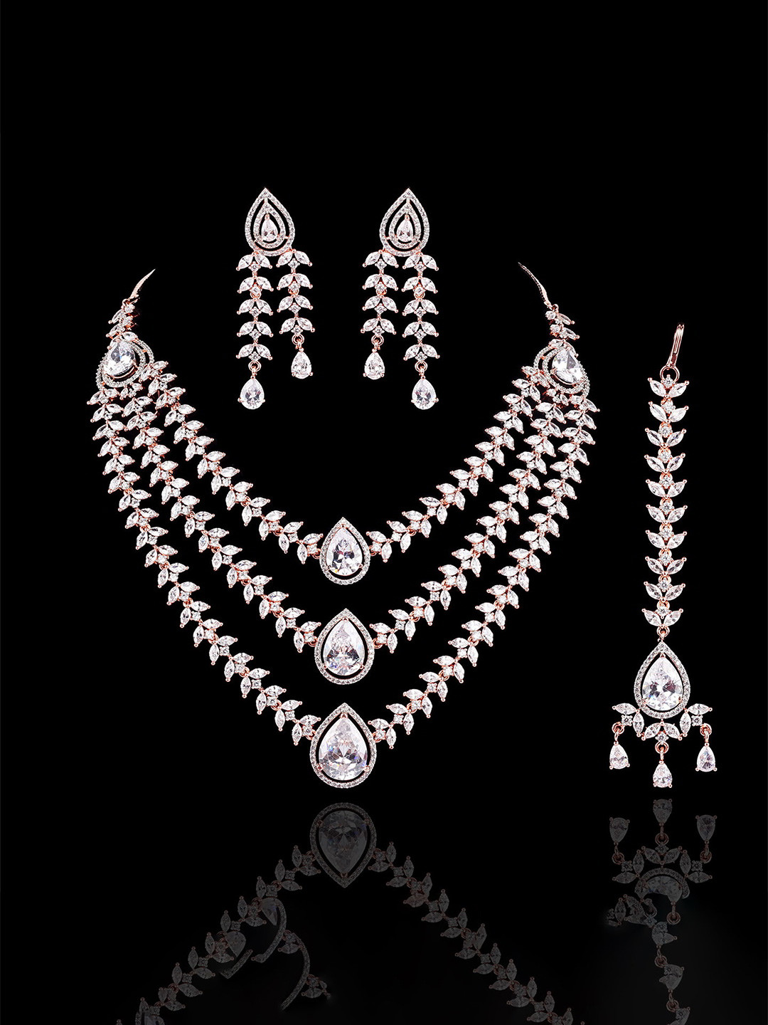 

Mirana Diana Rose Gold-Plated Triple Layered Ad Stone Studded Designer Necklace & Earrings
