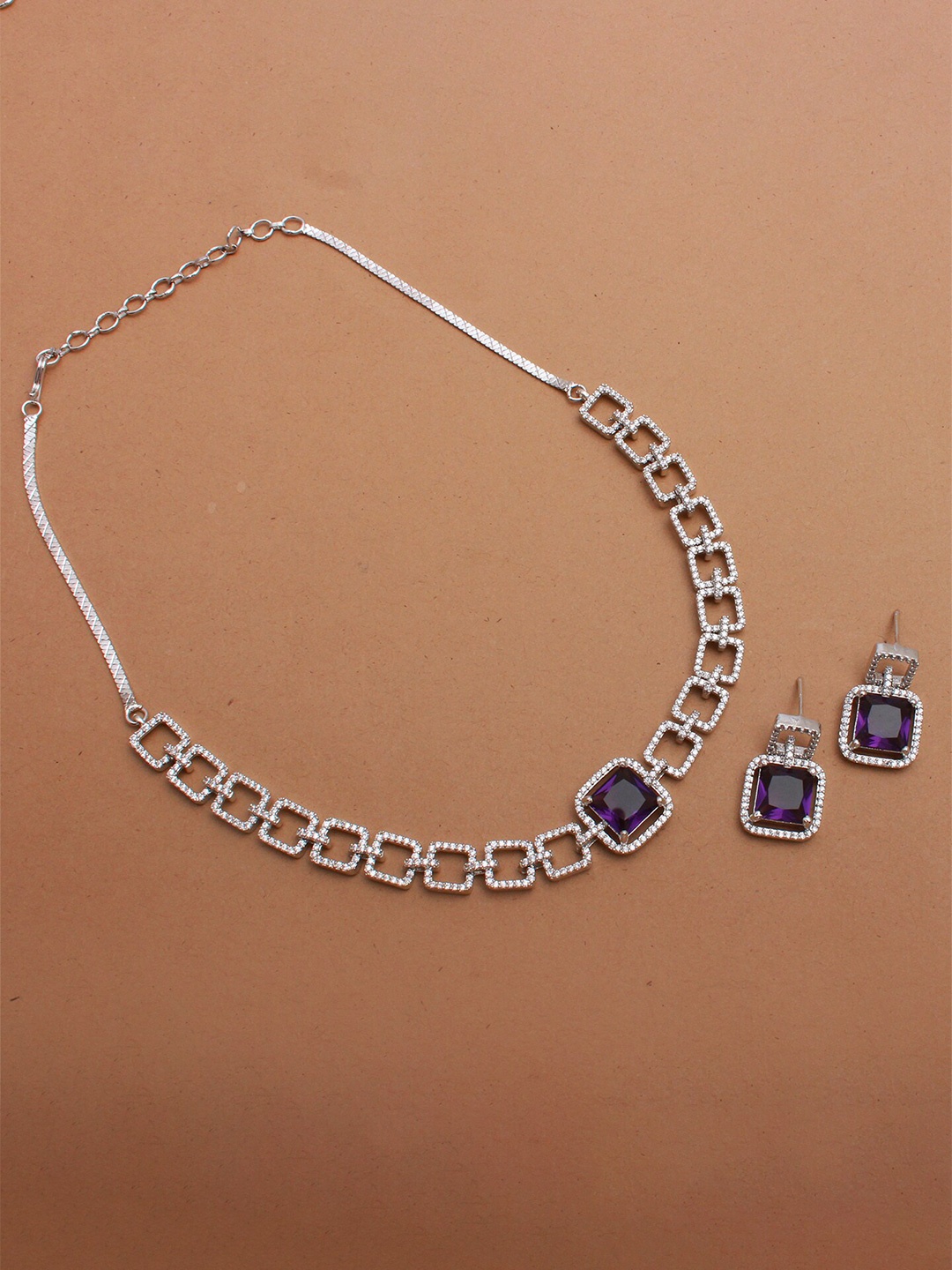 

Mirana Siri Rhodium-Plated American Diamond Studded Necklace With Earrings, Silver