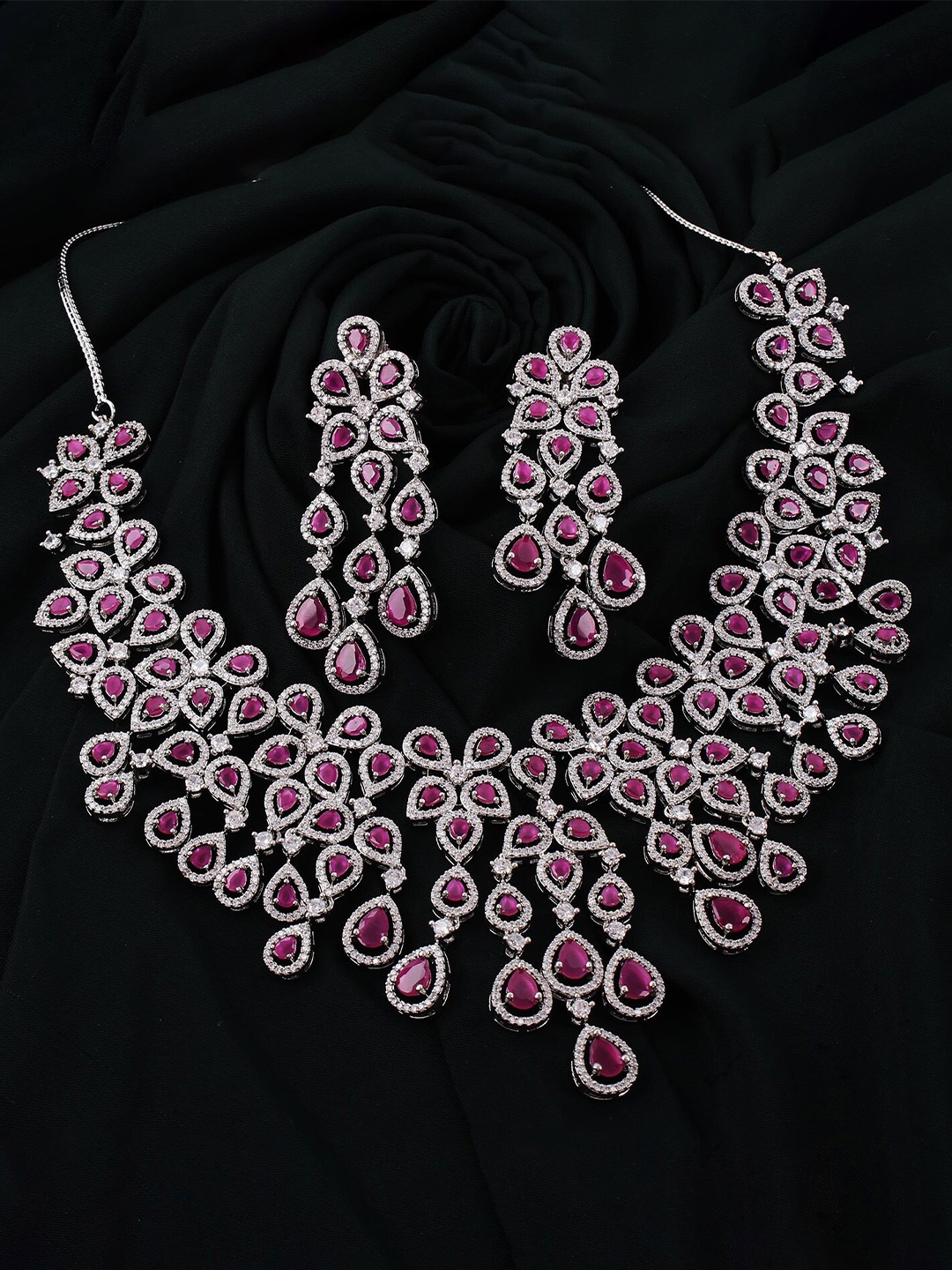 

Mirana Davina Rhodium Plated American Diamond-Studded Designer Necklace And Earrings, Silver