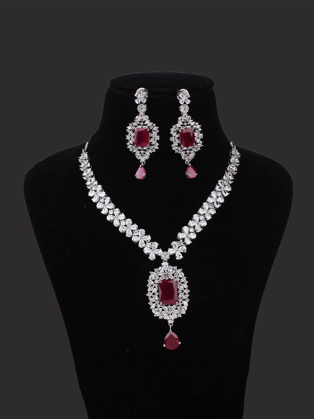 

Mirana Elle Rhodium-Plated American Diamond Studded Necklace With Earrings, Silver