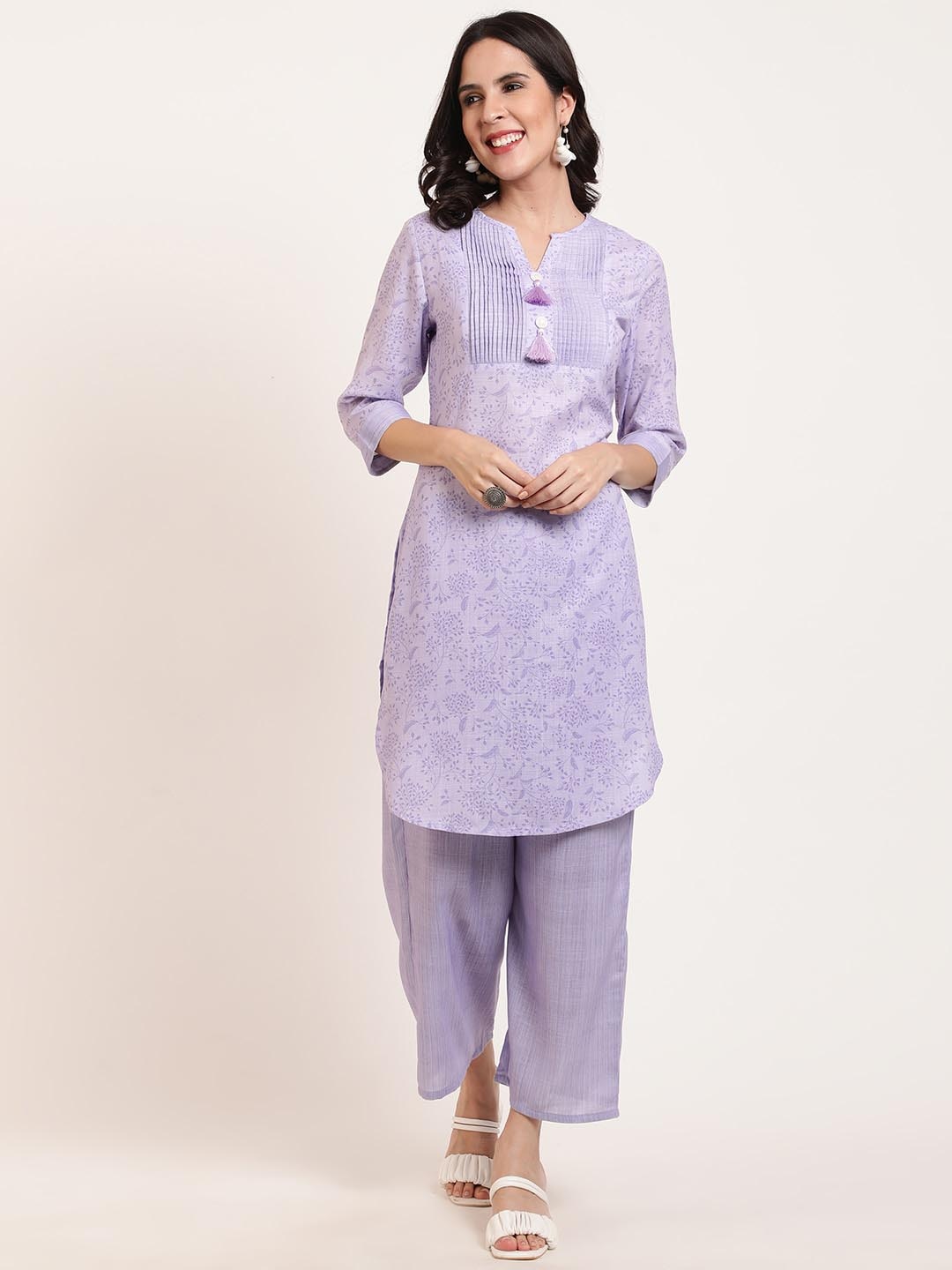 

FFU Floral Printed Mandarin Collar Straight Kurta With Palazzo, Purple