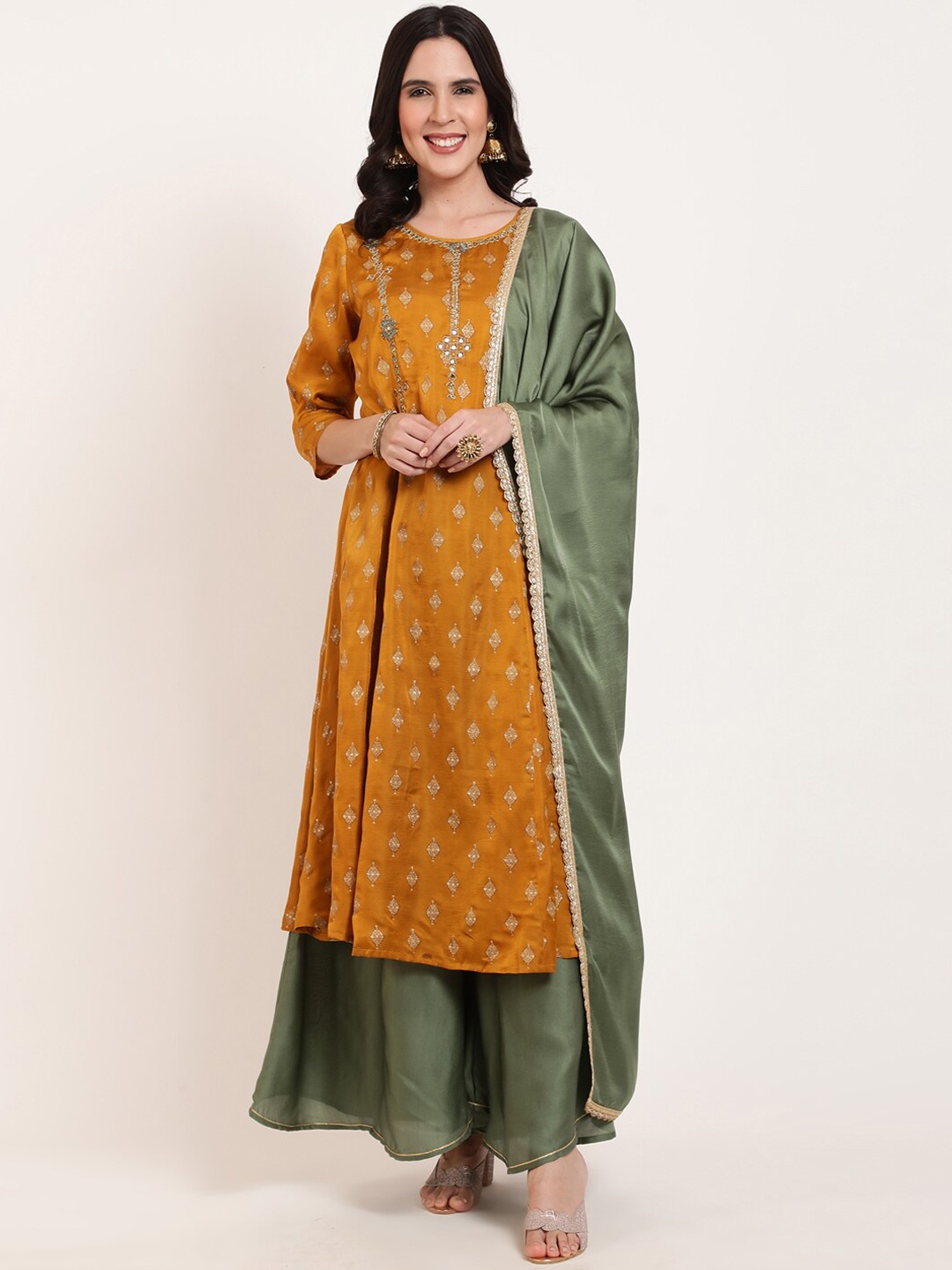 

FFU Ethnic Motifs Embroidered Regular Sequinned Kurta with Sharara & Dupatta, Mustard