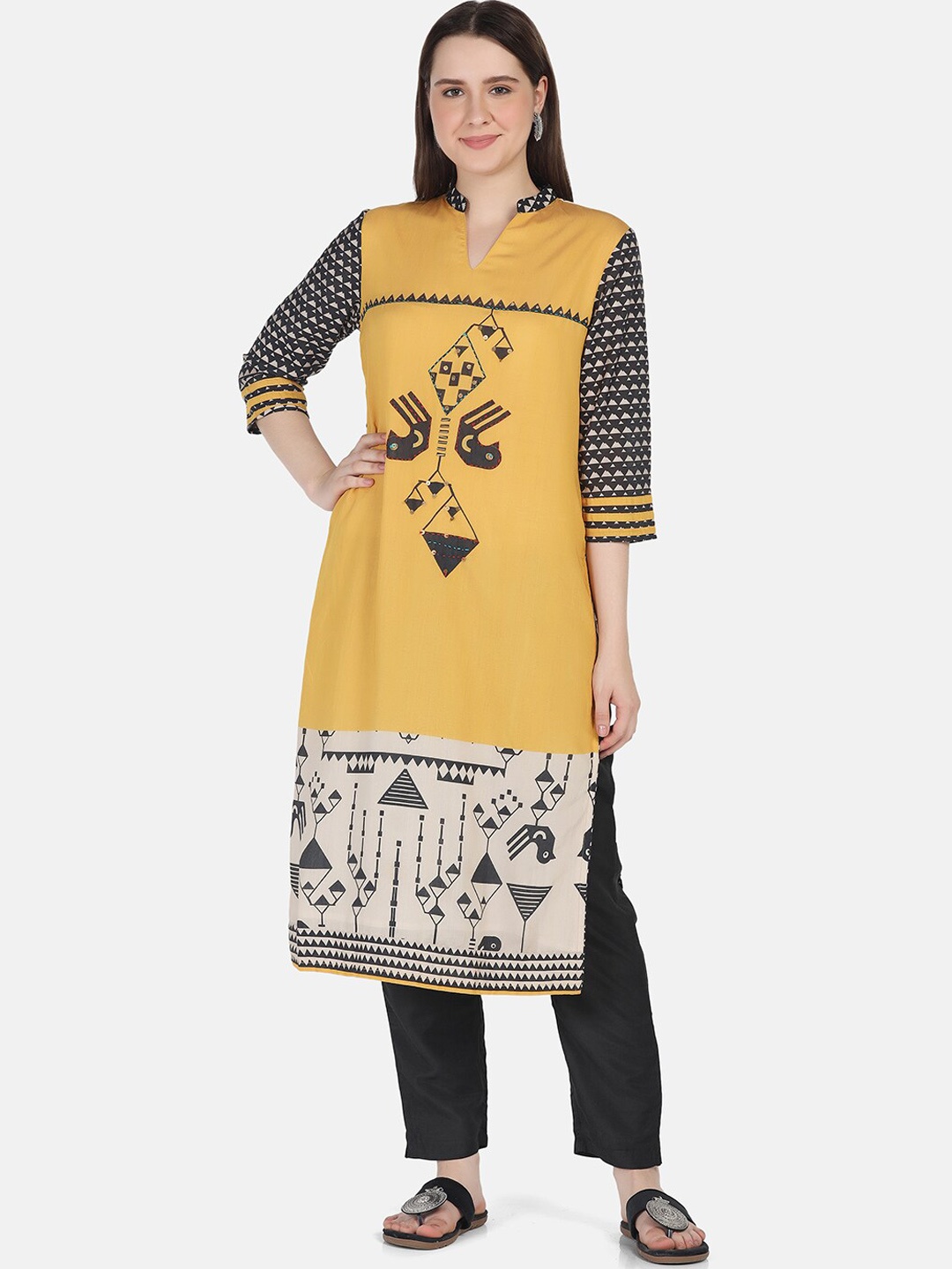 

FFU Geometric Printed Thread Work Sequined Straight Kurta With Trouser, Yellow