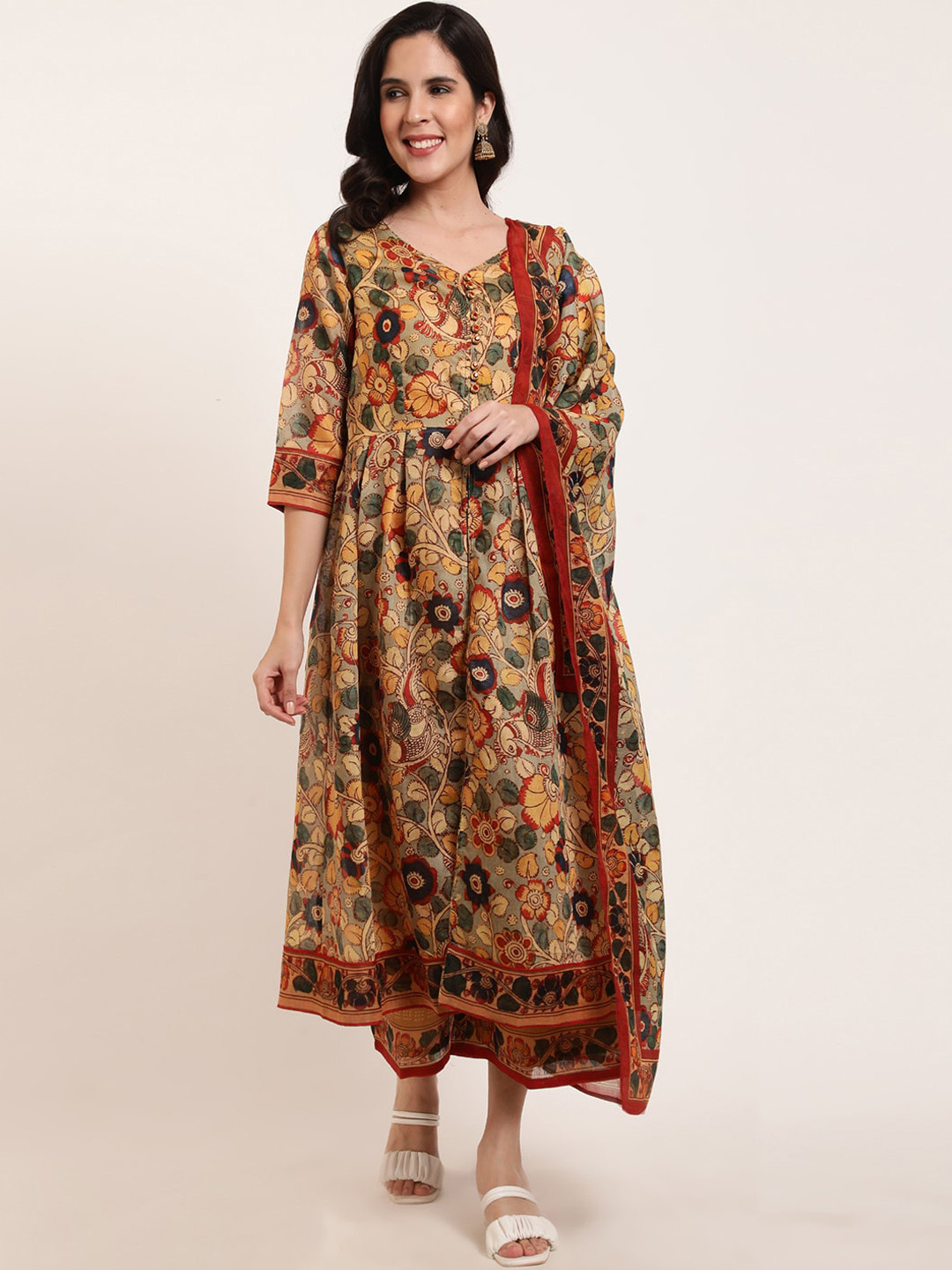 

FFU Ethnic Motifs Printed Pleated A-Line Kurta With Palazzo & Dupatta, Mustard