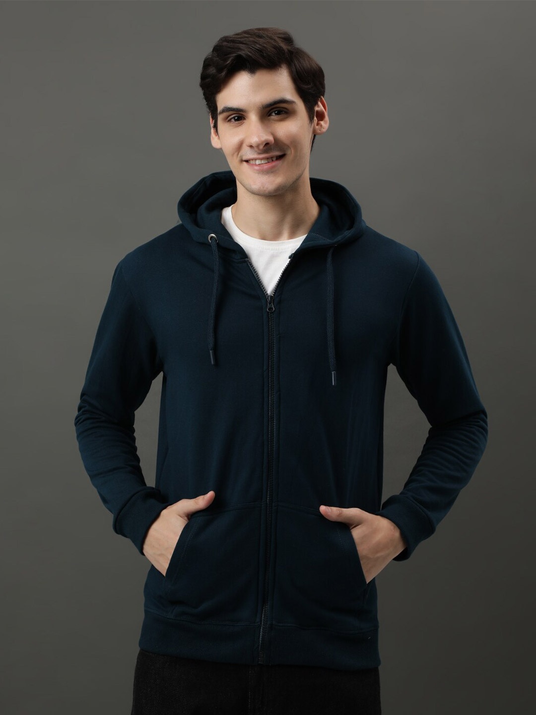 

ADRO Long Sleeves Cotton Hood Front-Open Sweatshirt, Teal