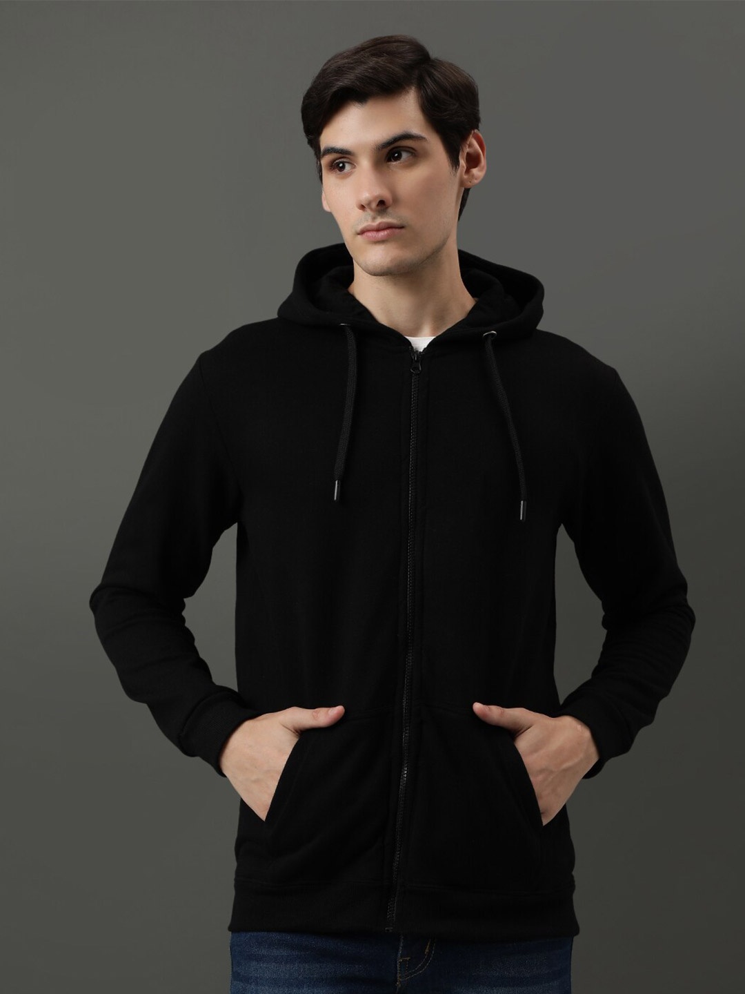 

ADRO Long Sleeves Cotton Hood Front-Open Sweatshirt, Black