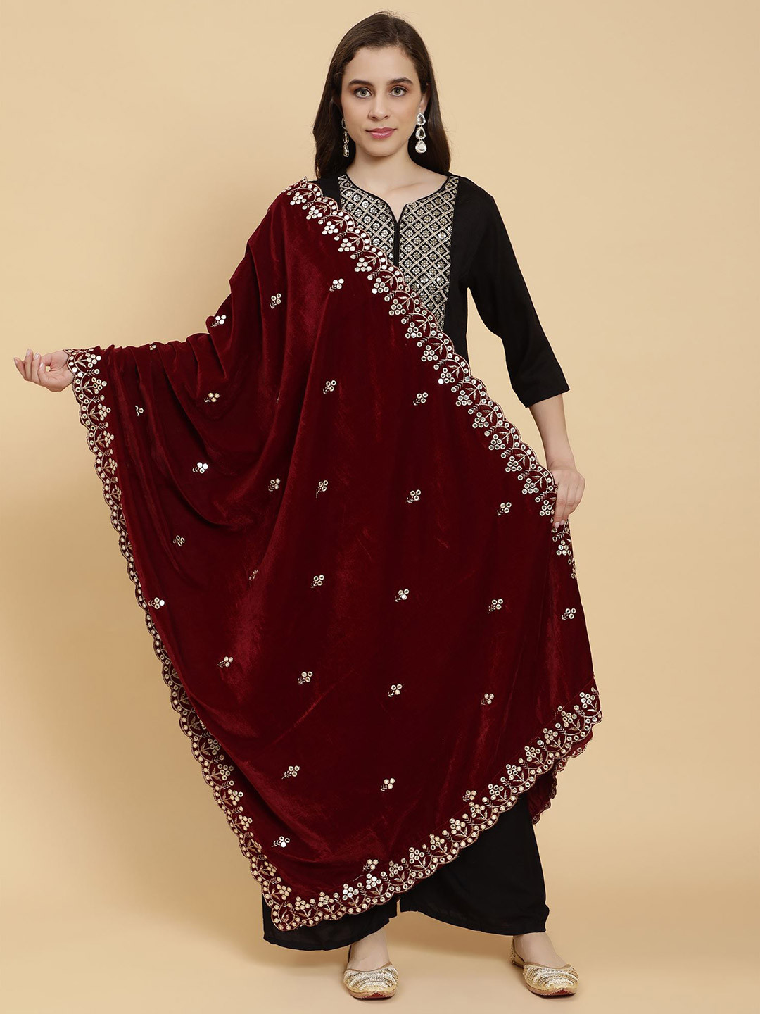 

Moda Chales Maroon Embroidered Velvet Dupatta with Sequinned