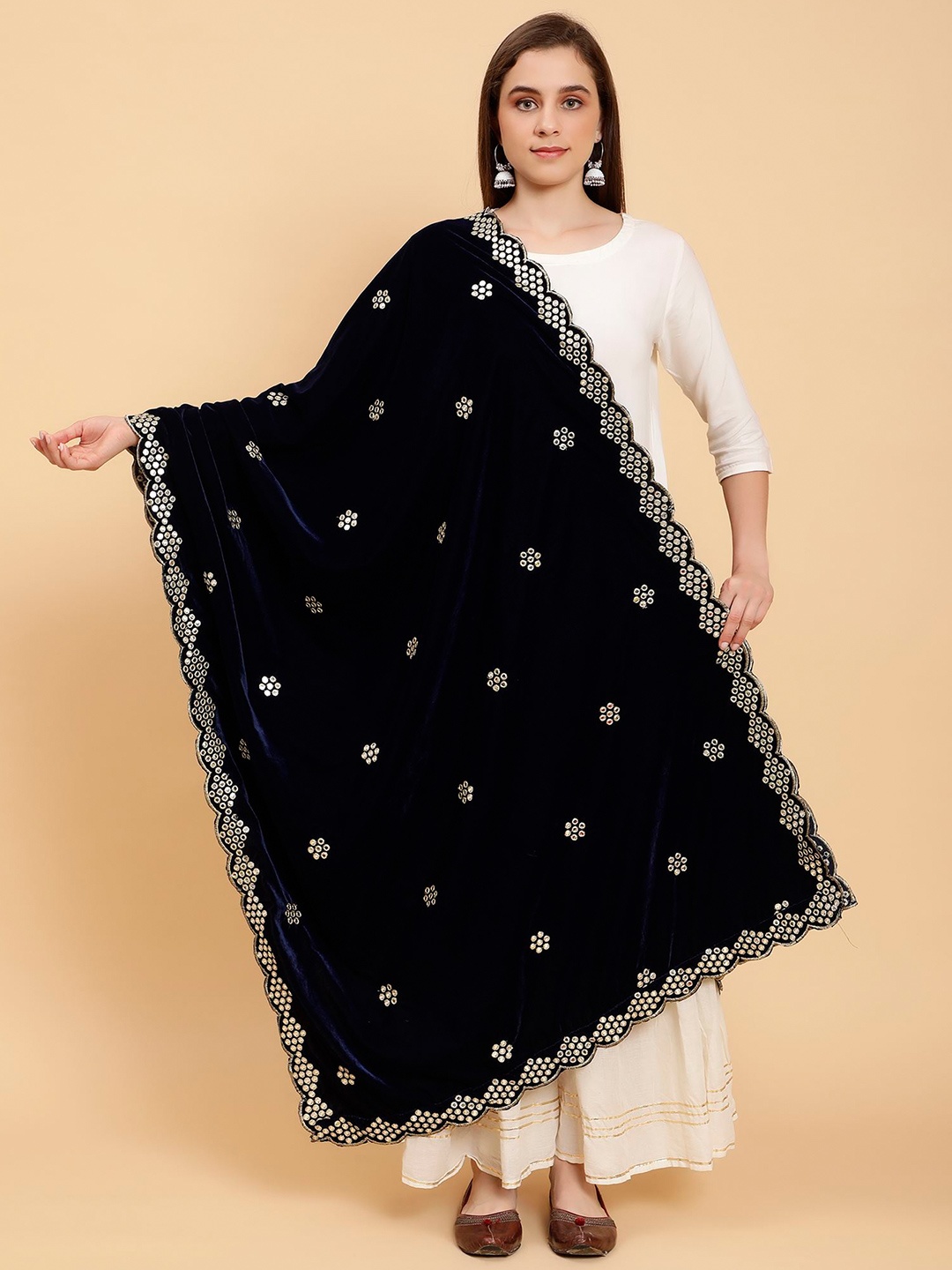 

Moda Chales Floral Embroidered Mirror Work Velvet Dupatta, Navy blue