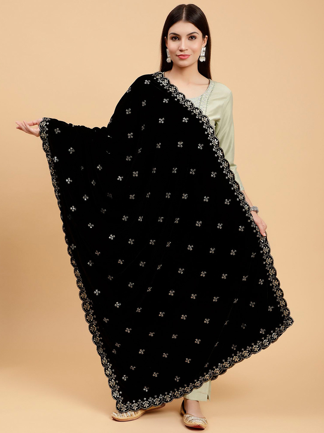 

Moda Chales Floral Embroidered Sequinned Velvet Dupatta, Black