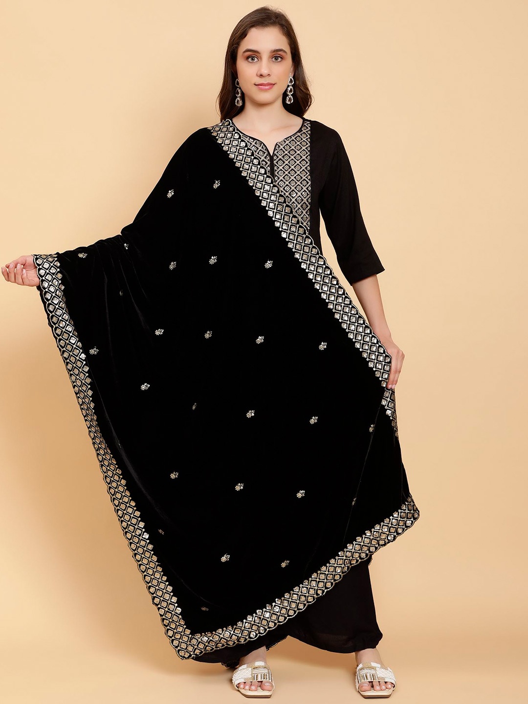 

Moda Chales Floral Embroidered Sequinned Velvet Dupatta, Black